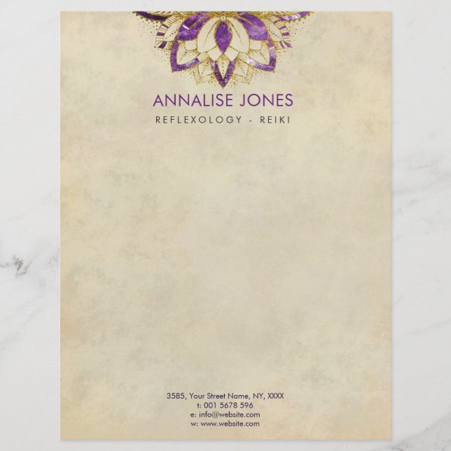Purple Amethyst and Gold frame Lotus Letterhead (Front)