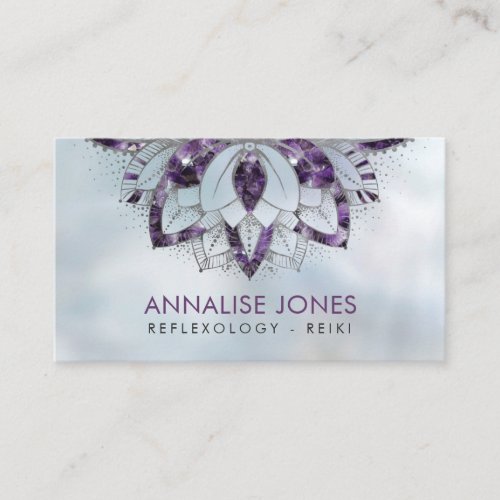 Purple Amethyst and Silver frame Lotus on pearl Business Card