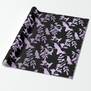 Purple Amethyst Black Foils Hummingbird Flowers Wrapping Paper