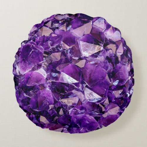 Purple Amethyst Crystal Gem Round Throw Pillow
