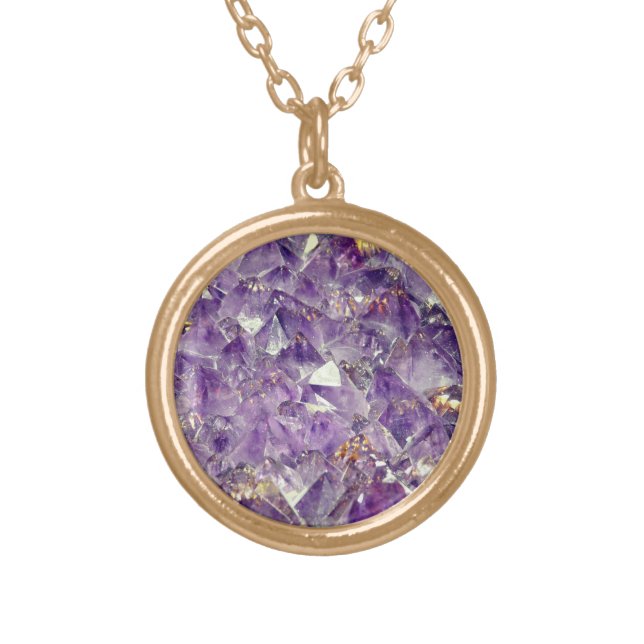 Purple amethyst crystal gem stone look gold plated necklace (Front)