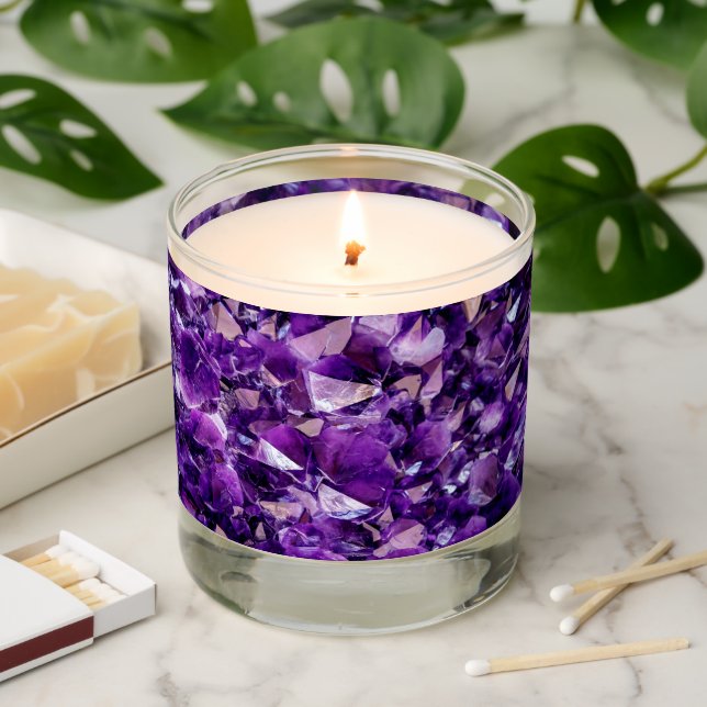 Purple Amethyst Crystal Geode Gemstone Vanilla Soy Scented Candle (Lit)