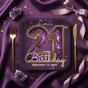 Purple Amethyst Crystal Gold 21st Birthday Paper Plates