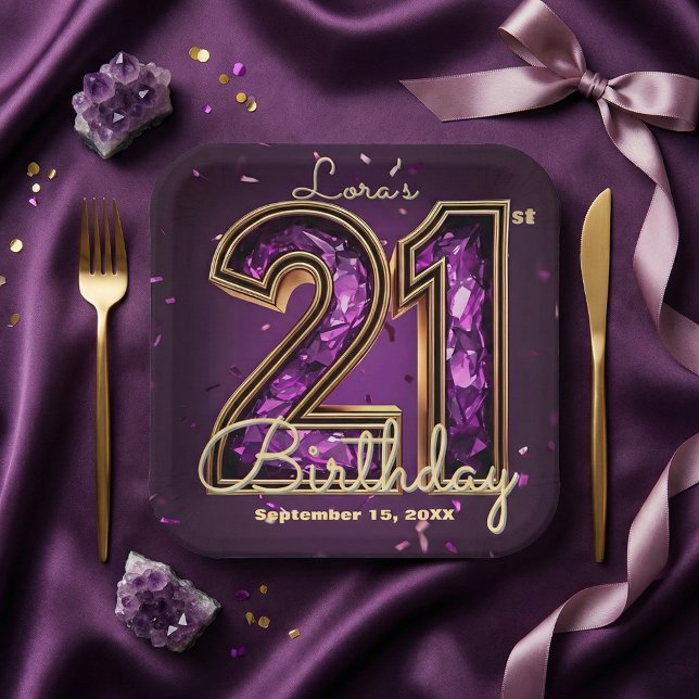 Purple Amethyst Crystal Gold 21st Birthday Paper Plates (Creator Uploaded)