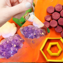 Purple Amethyst Crystals Clay Hexagons Folk Art  Keychain