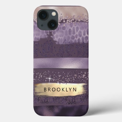 Purple Amethyst Crystals Trendy Girly Gold Glitter iPhone 13 Case