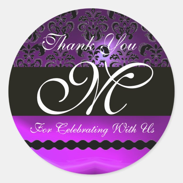 PURPLE AMETHYST DAMASK MONOGRAM Thank You Classic Round Sticker (Front)