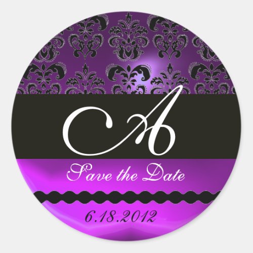 PURPLE AMETHYST DAMASK MONOGRAM violet Classic Round Sticker