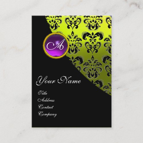 PURPLE AMETHYST DAMASK MONOGRAM yellow Business Card