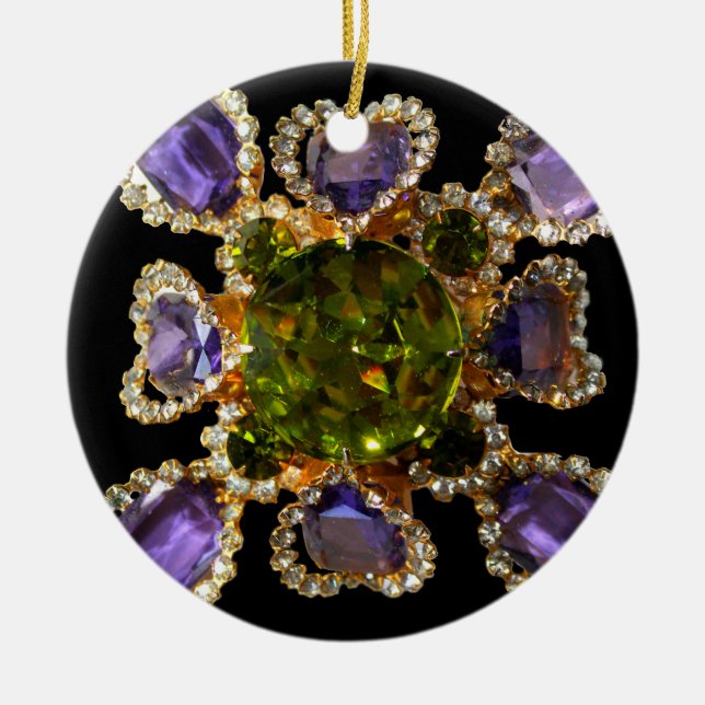 Purple Amethyst Diamonds Emeralds jewelry  Ceramic Ornament (Front)