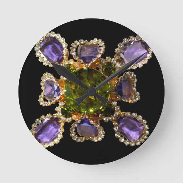 Purple Amethyst Diamonds Emeralds jewelry  Round Clock (Front)