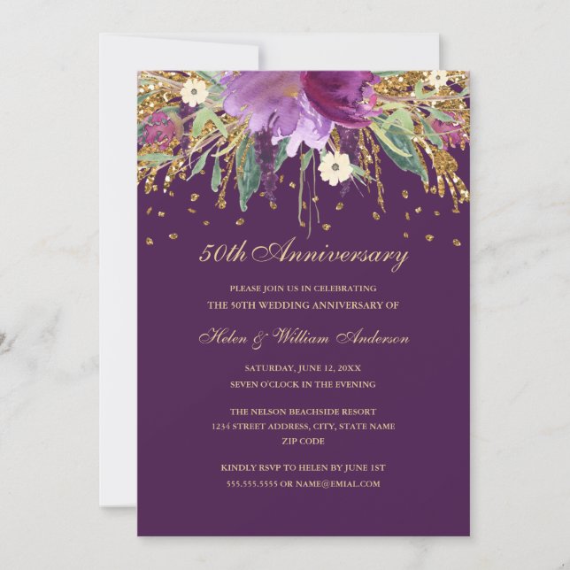 Purple Amethyst Floral 50th Wedding Anniversary Invitation (Front)