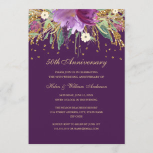 Purple Amethyst Floral 50th Wedding Anniversary Invitation