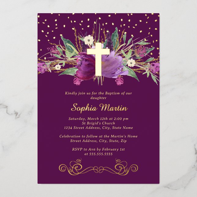 Purple Amethyst Floral Gold Cross Baptism Foil Invitation (Front)