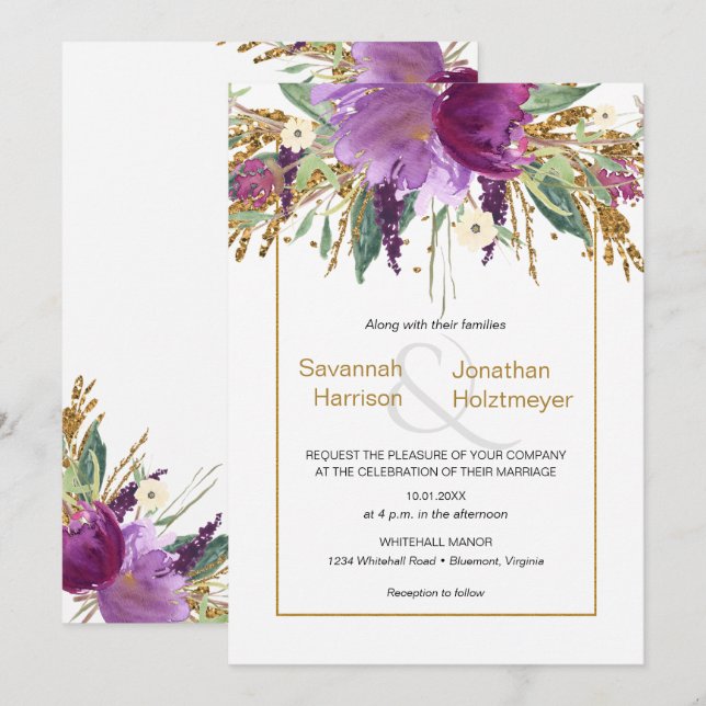 Purple Amethyst Floral Gold Glitter Spring Wedding Invitation (Front/Back)