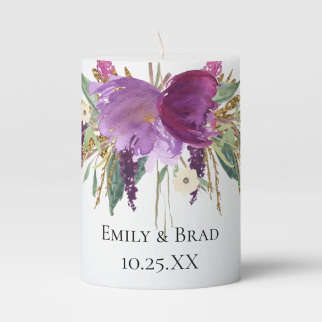 Purple Amethyst Floral Gold Glitter Wedding Pillar Candle (Front)