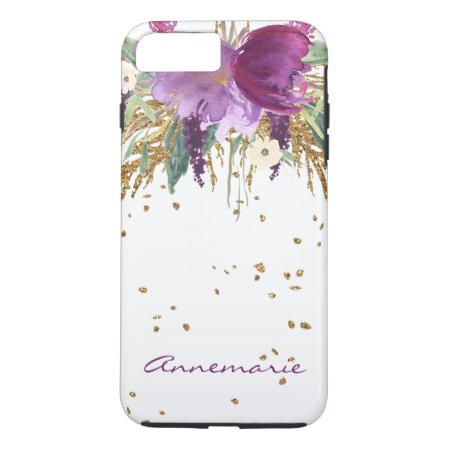 Purple Amethyst Floral Gold Sparkles Monogram Iphone 8 Plus/7 Plus Cas