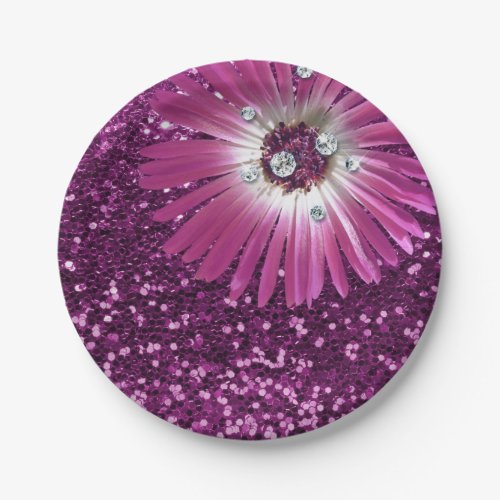 Purple Amethyst Flower Diamond Gerbera Glitter Paper Plates