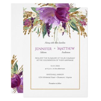 Purple Amethyst Flowers Gold Glitter Invitations