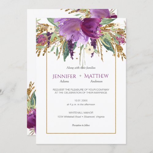 Purple Amethyst Flowers Gold Glitter Invitations