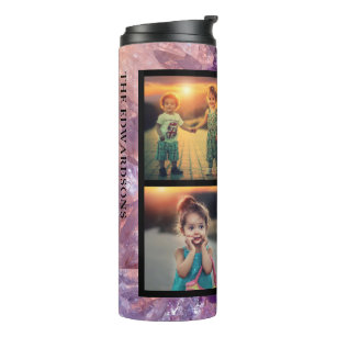 Purple amethyst gem family photo collage monogram thermal tumbler