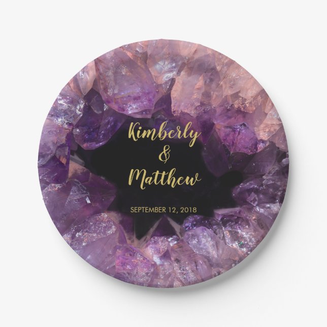 Purple amethyst gemstone bride and groom Wedding Paper Plates (Front)