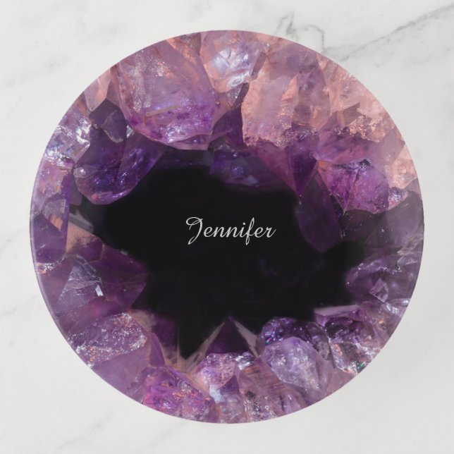 Purple amethyst gemstone crystal mineral name trinket tray (Front)