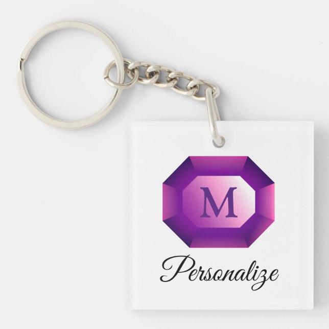 Purple Amethyst gemstone jewel custom monogram Keychain (Front)