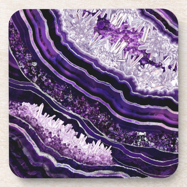 Purple Amethyst Geode and Silver Digital Art Beverage Coaster (Front)