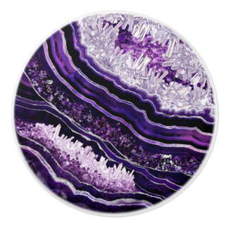 Purple Amethyst Geode and Silver Digital Art Ceramic Knob