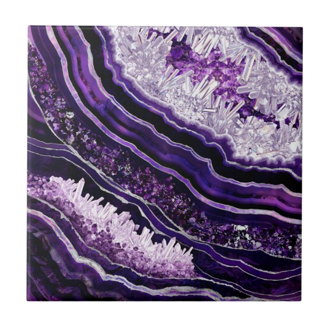 Purple Amethyst Geode and Silver Digital Art Ceramic Tile (Front)