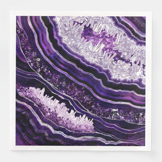 Purple Amethyst Geode and Silver Digital Art Paper Dinner Napkins (Front)