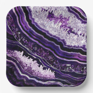 Purple Amethyst Geode and Silver Digital Art Paper Plates
