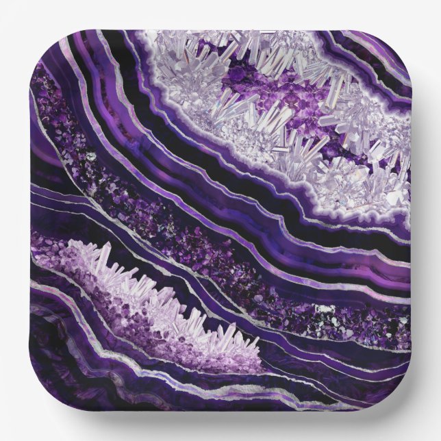 Purple Amethyst Geode and Silver Digital Art Paper Plates (Front)