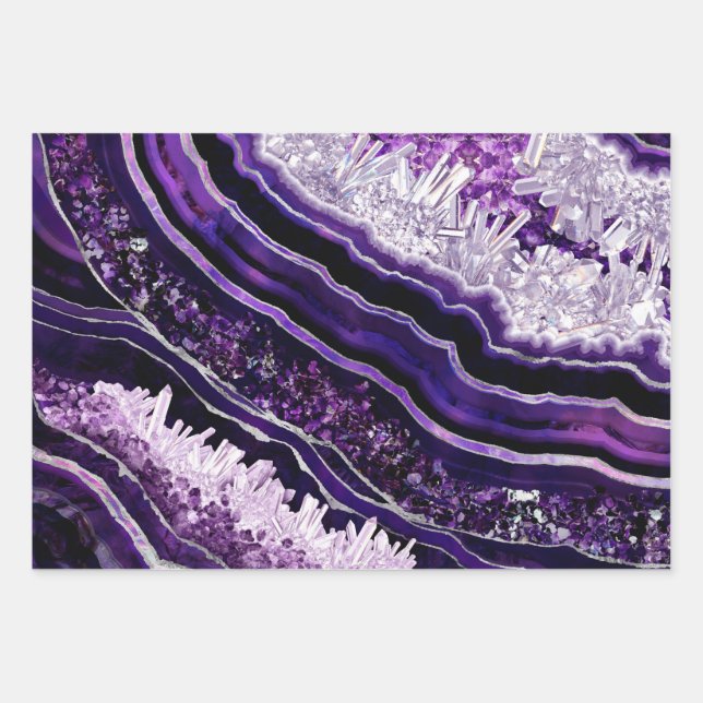 Purple Amethyst Geode and Silver Digital Art Wrapping Paper Sheets (Front)