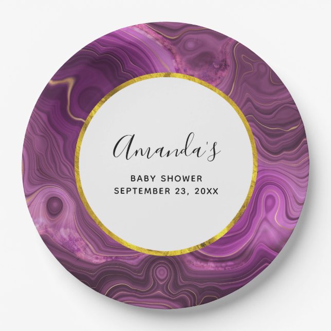 Purple Amethyst & Gold Abstract Agate Baby Shower Paper Plates (Front)
