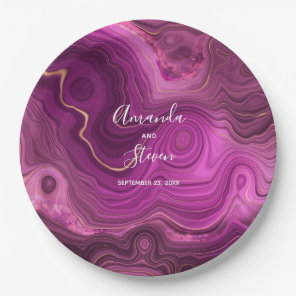 Purple Amethyst & Gold Abstract Agate Wedding Pape Paper Plates