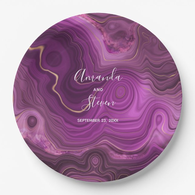 Purple Amethyst & Gold Abstract Agate Wedding Pape Paper Plates (Front)