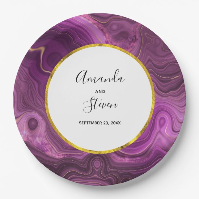 Purple Amethyst & Gold Abstract Agate Wedding Paper Plates (Front)