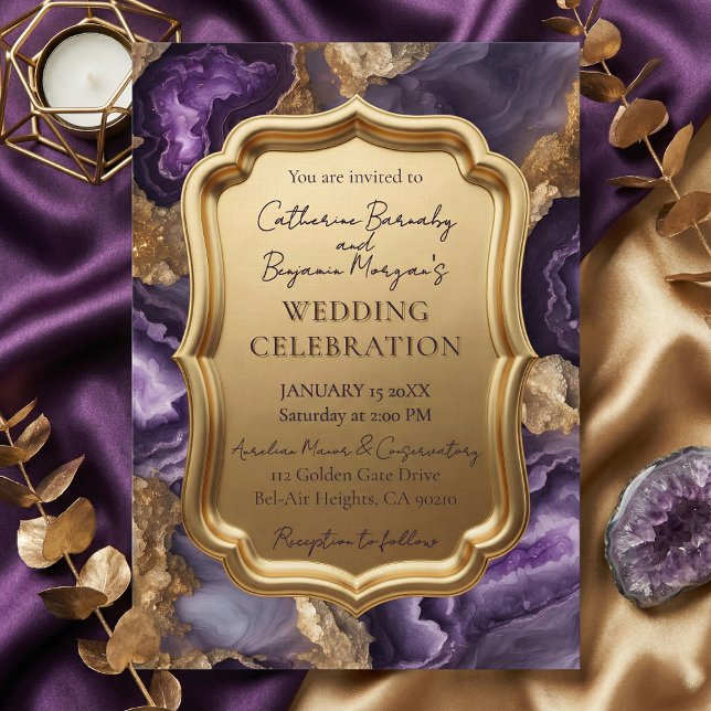 Purple Amethyst & Gold Agate Geode Ornate Wedding Invitation (Creator Uploaded)