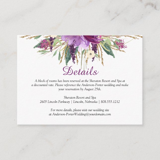 Purple Amethyst Gold Floral Enclosure Cards (Front)