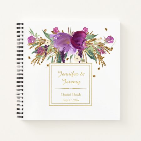 Purple Amethyst Gold Floral Guest Book |