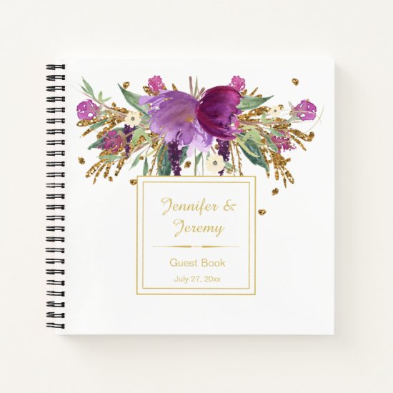 Purple Amethyst Gold Floral Guest Book |