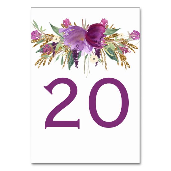 Purple Amethyst Gold Glitter Floral Table Cards