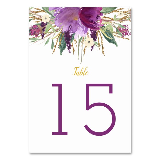 Purple Amethyst Gold Glitter Floral Table Cards #2 (Front)