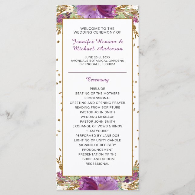 Purple Amethyst Gold Glitter Frame Wedding Program (Front)