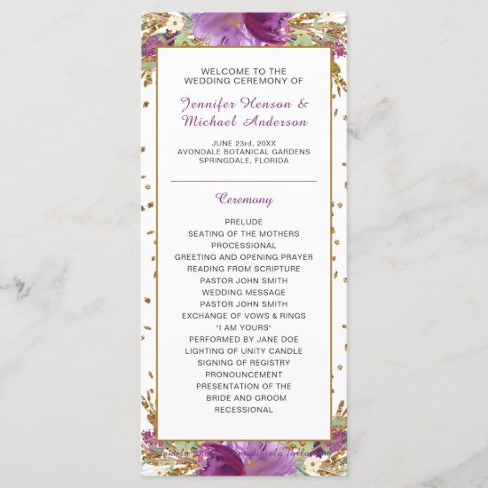 Purple Amethyst Gold Glitter Frame Wedding Program
