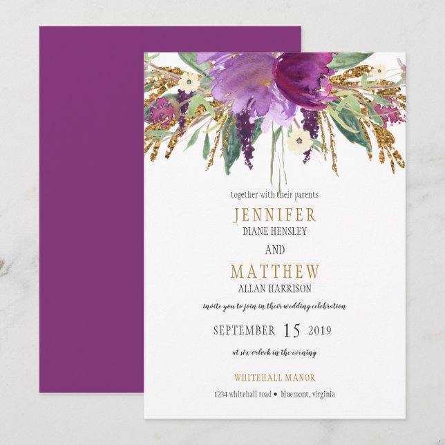 Purple Amethyst Gold Glitter Greenery Wedding | Invitation (Front/Back)