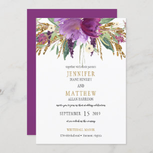 Purple Amethyst Gold Glitter Greenery Wedding Invitation