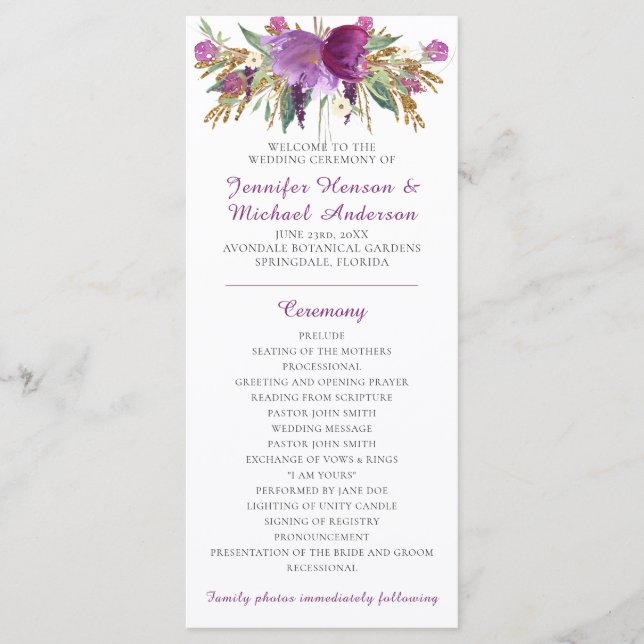 Purple Amethyst Gold Glitter Wedding Program (Front)